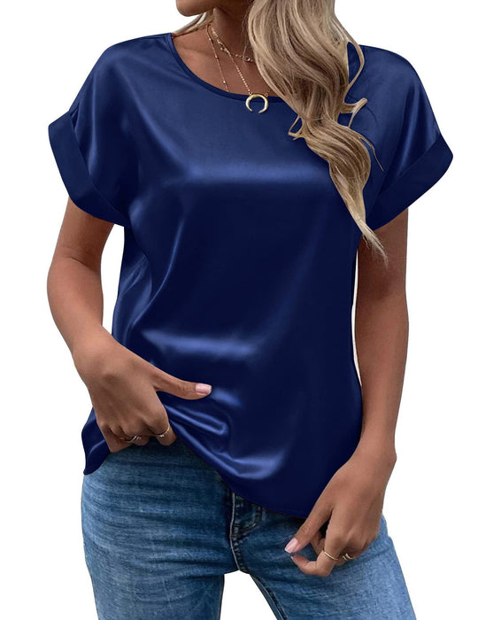 Damen Satin Oberteil mit lässigem Schnitt und umgeschlagenen Ärmeln R&B