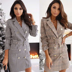 Damen elegantes Blazer-Kleid mit doppelter Knopfleiste und tailliertem Gürtel R&B