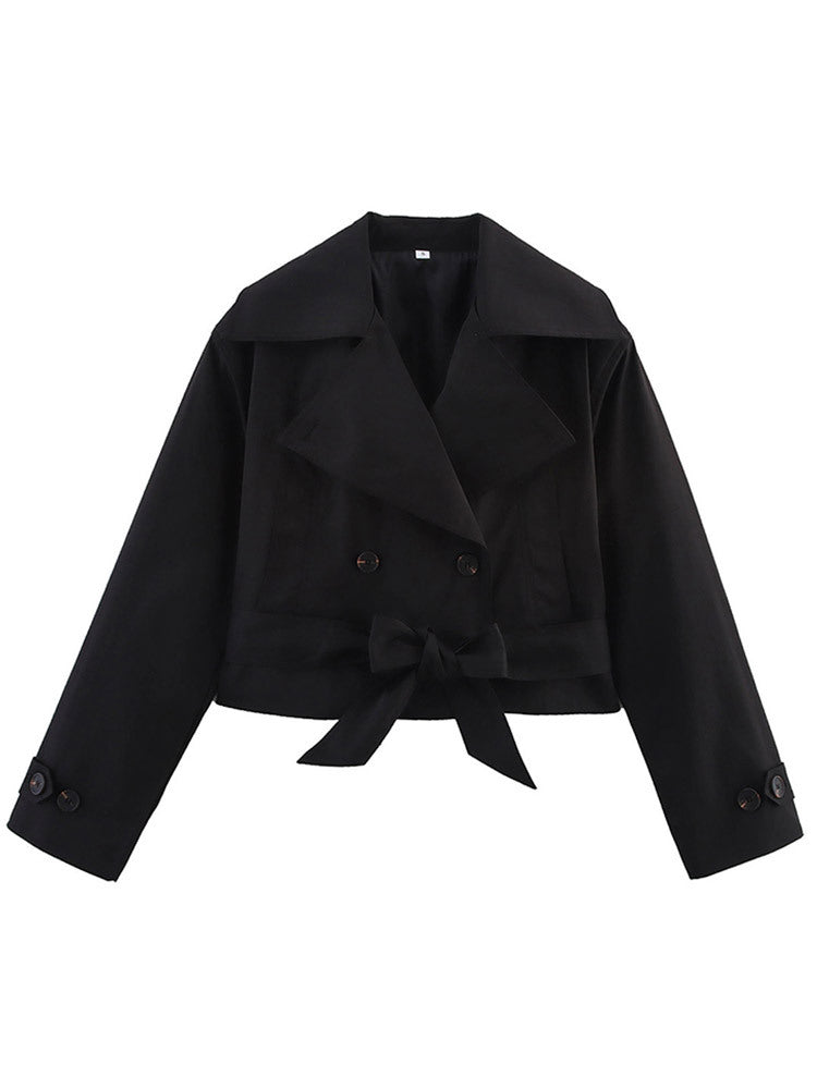 Damen Cropped Trenchcoat mit breitem Revers und Taillengürtel R&B