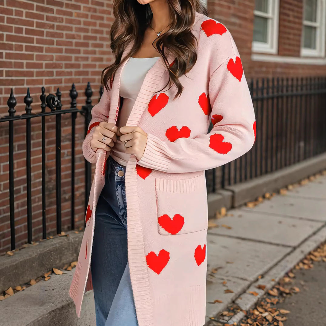 Damen Strickjacke mit Herzmuster und praktischen Taschen R&B