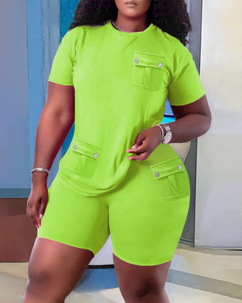 Damen Sportliches Oberteil und Shorts Set mit praktischen Taschen R&B