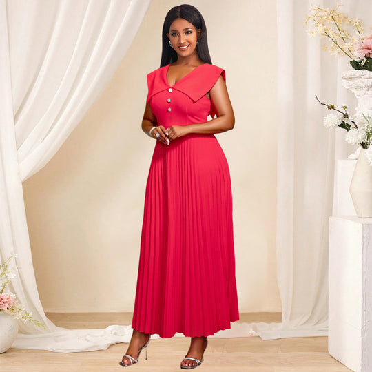 Damen plissiertes Maxikleid mit eleganten Knopfdetails R&B
