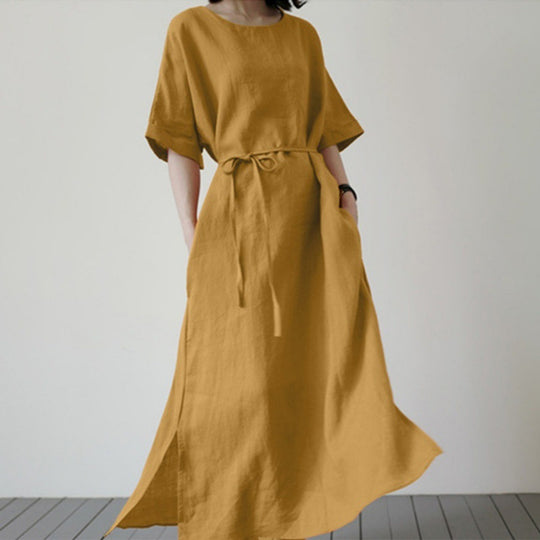 Damen Leinenmaxikleid mit weit geschnittenen Ärmeln und Taillengürtel R&B