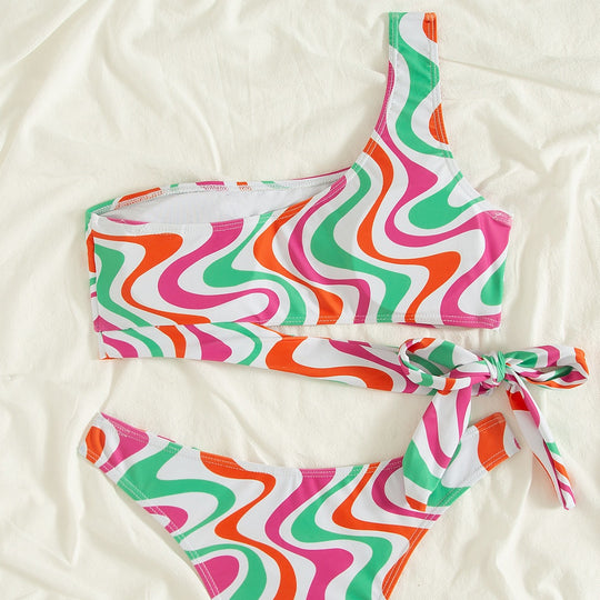 Damen asymmetrisches Bikini-Set mit buntem Wellenmuster R&B