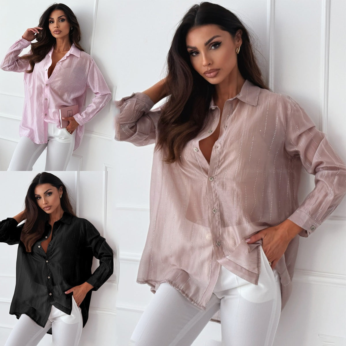 Damen elegante langärmlige Bluse mit feiner Struktur R&B