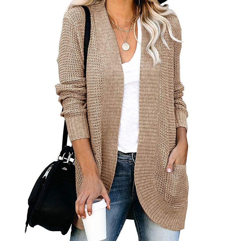 Damen lässige Strickjacke mit offenen Ärmeln und praktischen Taschen R&B