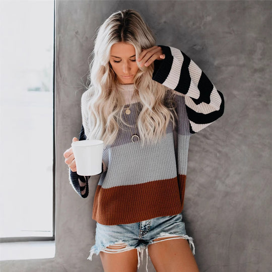 Damen Oversized Strickpullover mit buntem Blockstreifenmuster R&B