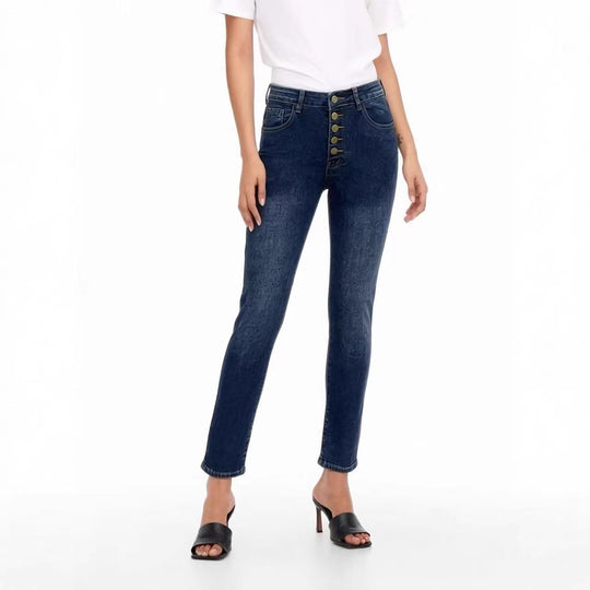 Damen Slim-Fit Jeans mit eleganter Knopfleiste und hohem Bund R&B