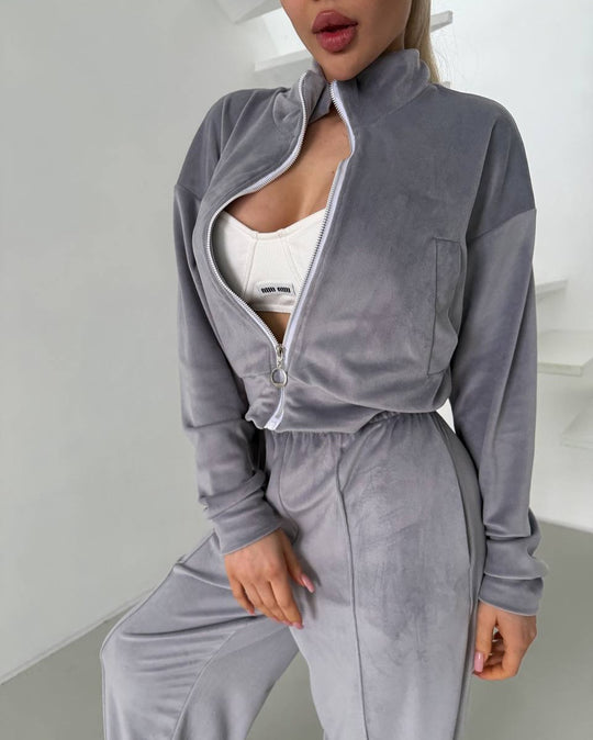 Damen sportlicher Fleece-Jogginganzug mit gestochenem Reißverschluss und weichem Innenfutter R&B