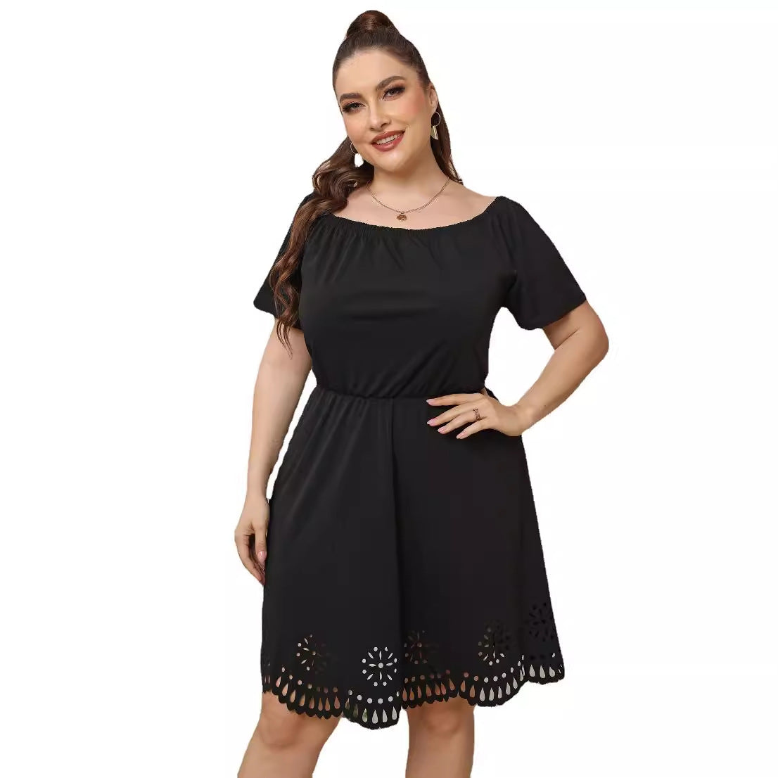 Damen Off-Shoulder Kleid mit dekorativem Lochmuster R&B