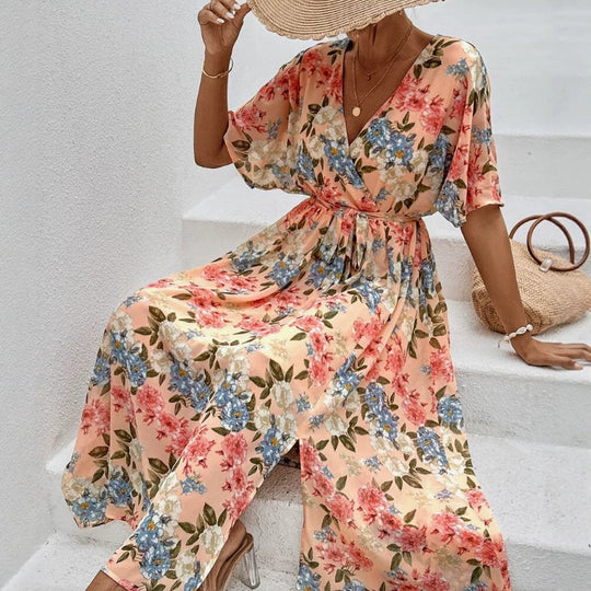 Damen nan florales V-Ausschnitt-Bindekleid mit tailliertem Gürtel und seitlichem Beinschlitz R&B