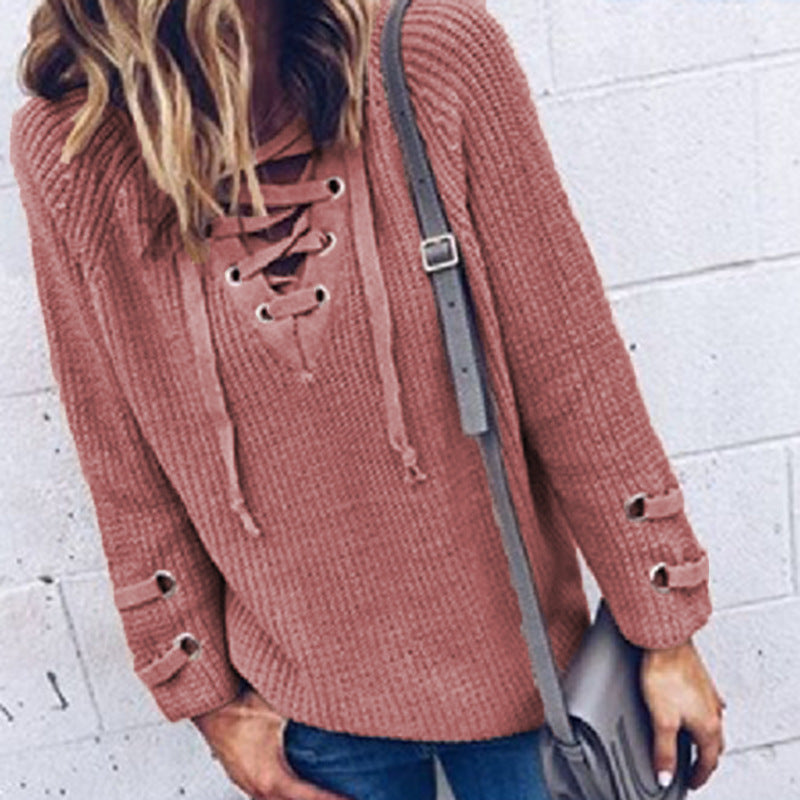 Damen Strickpullover mit dekorativem Schnürdesign und komfortablem Schnitt R&B