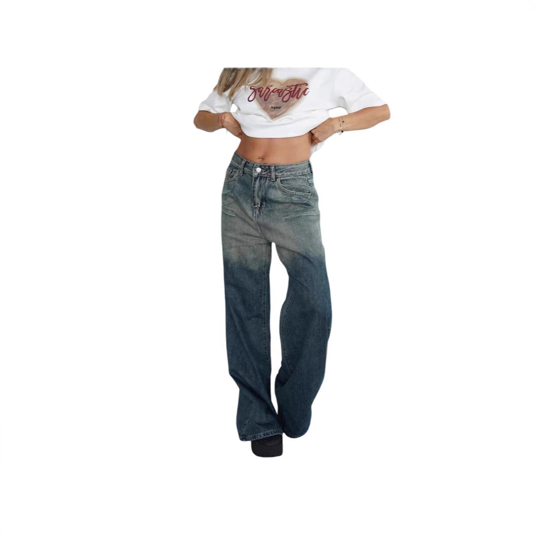 Damen lockere High-Waist Jeans mit angesagtem Farbverlauf und weitem Bein R&B