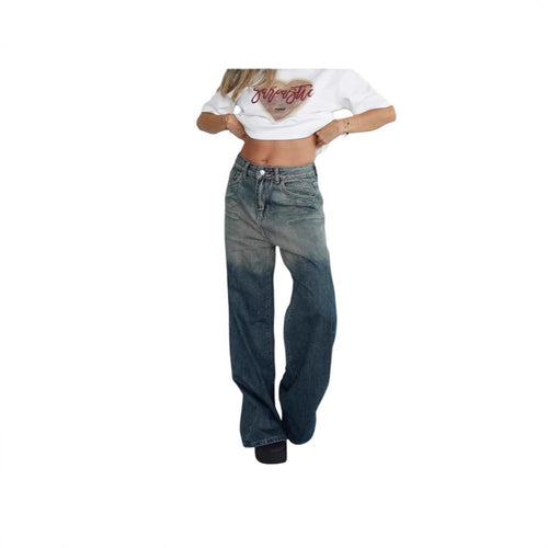 Damen lockere High-Waist Jeans mit angesagtem Farbverlauf und weitem Bein R&B