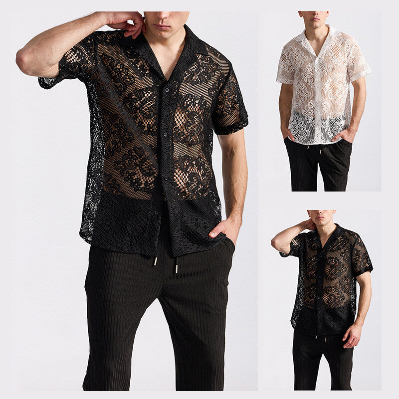 Herren Designer-Hemd aus transparentem Häkelmaterial mit floralem Muster