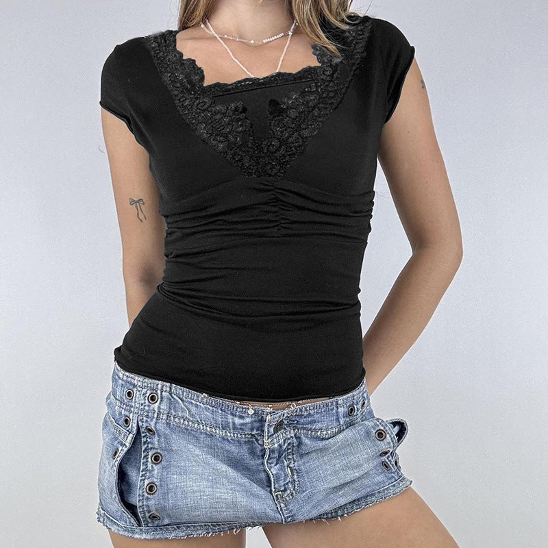 Damen elegantes Oberteil mit feinem Spitzenbesatz und Raffung R&B