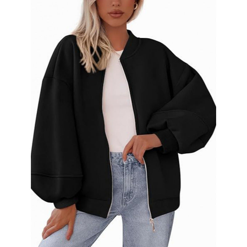 Damen lässige Oversized-Jacke mit Reißverschluss und ballonen Ärmeln R&B