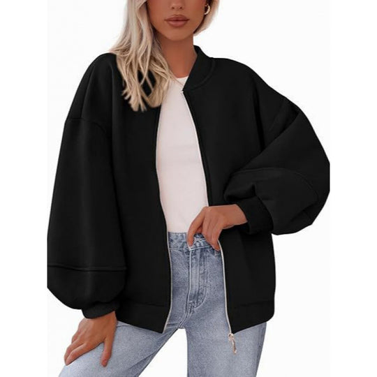 Damen lässige Oversized-Jacke mit Reißverschluss und ballonen Ärmeln R&B
