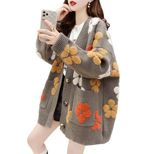 Damen Kuscheliger Strick-Cardigan mit floralen Applikationen und Knöpfen R&B