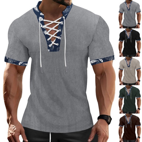 Herren Kurzarm Henley-Shirt mit modernem Schnürdesign und attraktiven Kontrastelementen R&B