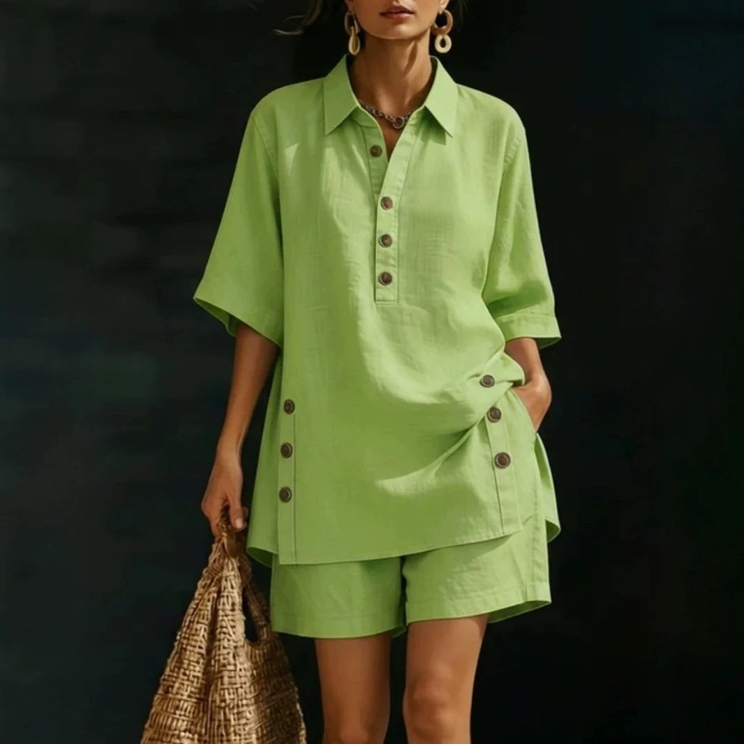 Damen nan luftiges Leinenoptik-Zweiteiler mit Oversize-Hemdbluse, Knopfleiste und Bermuda-Shorts R&B