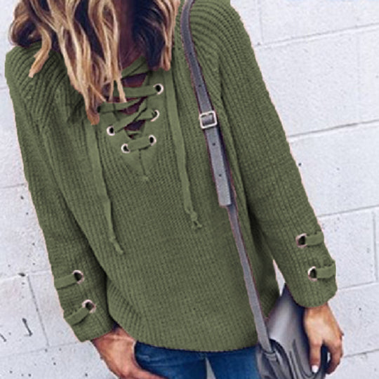 Damen Strickpullover mit dekorativem Schnürdesign und komfortablem Schnitt R&B
