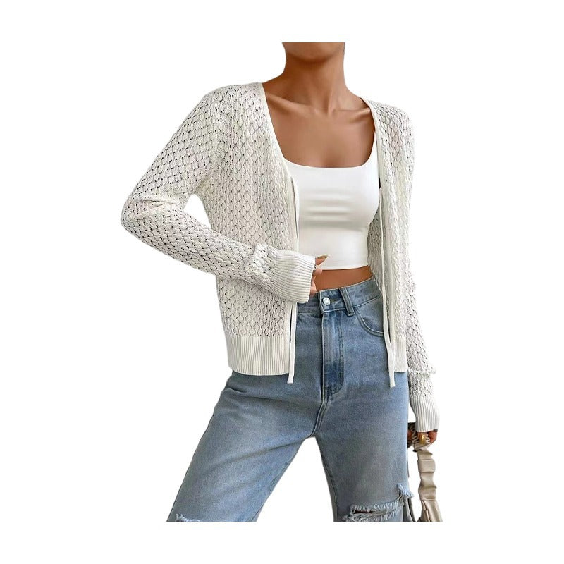 Damen Strickjacke mit tiefer V-Öffnung und zartem Lochmuster R&B