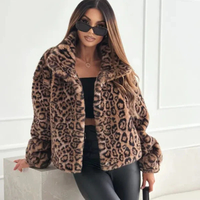 Damen nan kurze Kunstfelljacke mit Wildmuster, V-Ausschnitt und taillierter Silhouette R&B