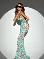 Damen figurbetontes Blumen-Maxikleid mit Spaghettiträgern und elegantem Schnitt R&B