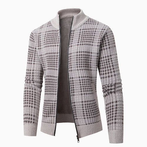 Herren modische Strickjacke mit modernem Karomuster und hohem Kragen R&B