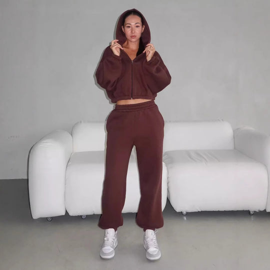 Damen lässiges Sweater-Set aus cropped Hoodie und bequemer Hose mit elastischem Bund R&B