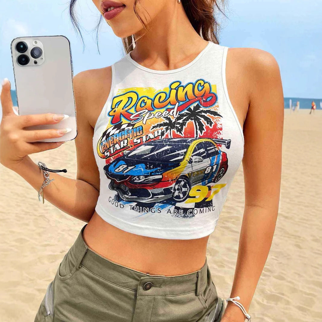 Damen Cropped Tank-Top mit kreativem Rennsport-Motiv und lässigem Schnitt R&B