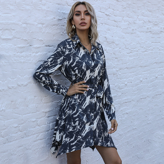 Damen Hemdblusenkleid mit elegantem Bindegürtel und modischem Muster R&B