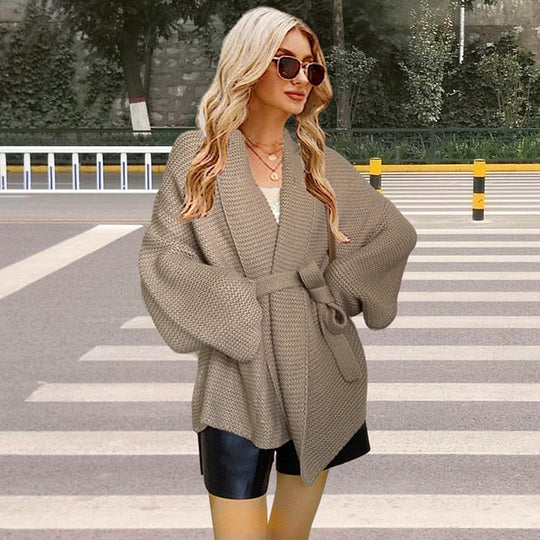 Damen Grobstrickjacke mit breitem Gürtel und weitem Schnitt R&B