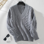 Damen Grobstrickpullover mit V-Ausschnitt und Zopfmuster