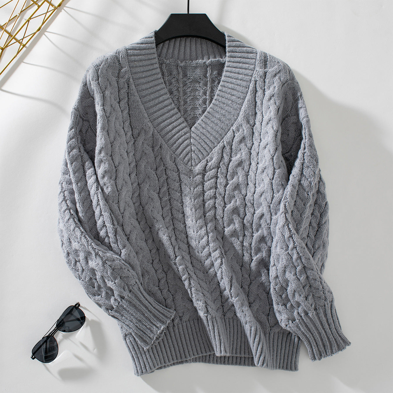 Damen Grobstrickpullover mit V-Ausschnitt und Zopfmuster