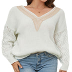 Damen eleganter V-Ausschnitt Pullover mit attraktiven Spitzenärmeln R&B