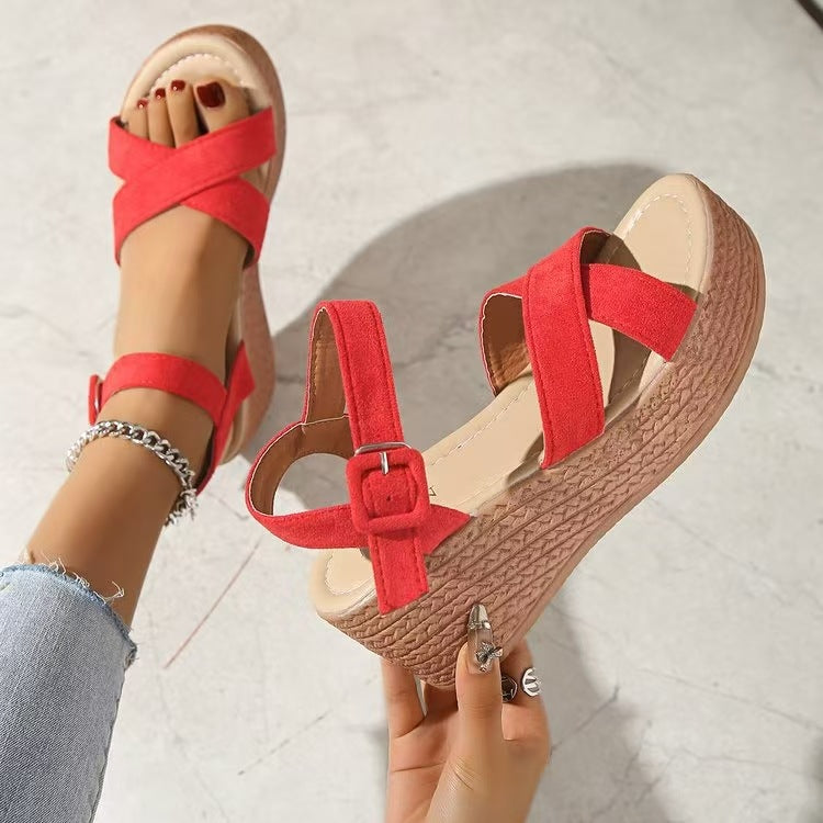Damen Plateau-Sandalen mit modischen Kreuzriemen und stabilem Korkabsatz R&B