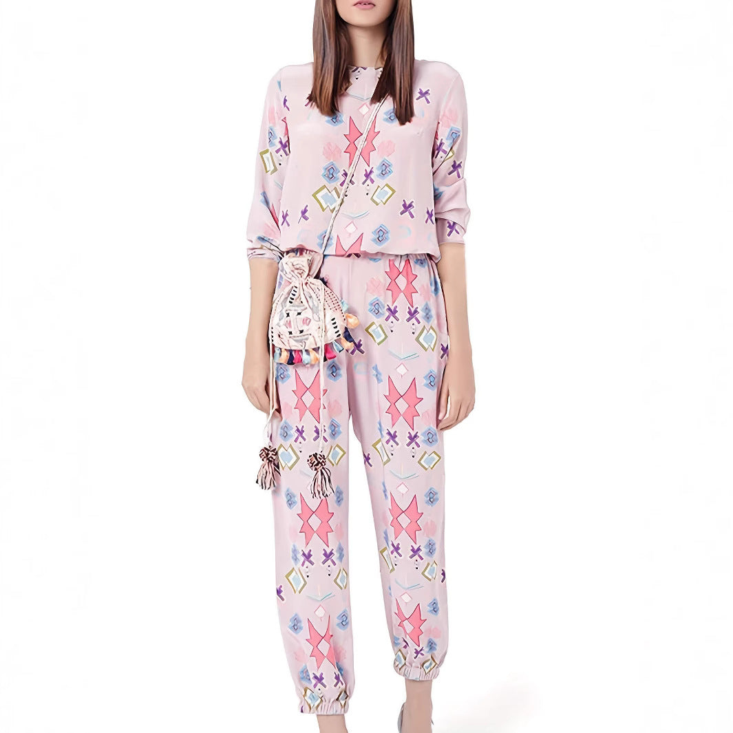 Damen Loungewear Set mit farbenfrohen geometrischen Mustern und elastischem Bund R&B