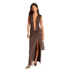Damen Maxikleid mit tiefem V-Ausschnitt und seitlichem Schlitz R&B