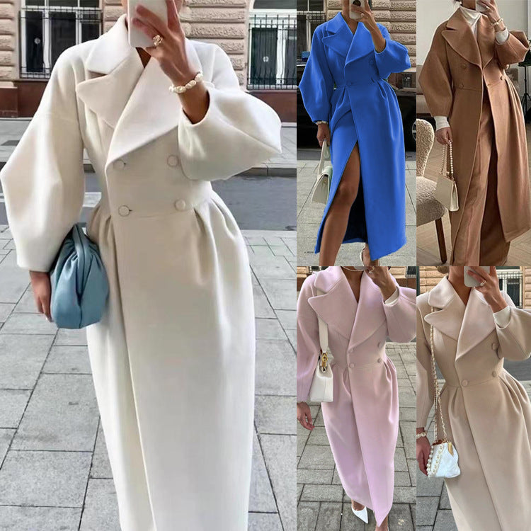 Damen eleganter Trenchcoat mit hohem Schlitz und Puffärmeln R&B