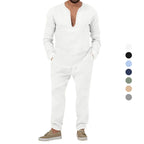 Herren lässiges Leinen-Outfit mit tiefem V-Ausschnitt und elastischem Bund R&B