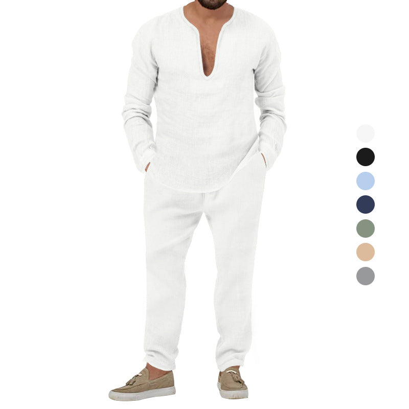Herren lässiges Leinen-Outfit mit tiefem V-Ausschnitt und elastischem Bund R&B