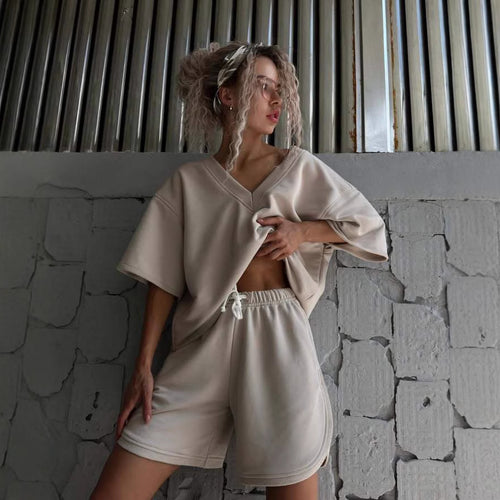 Damen lässiges Oberteil und Shorts-Set mit V-Ausschnitt und weitem Schnitt R&B