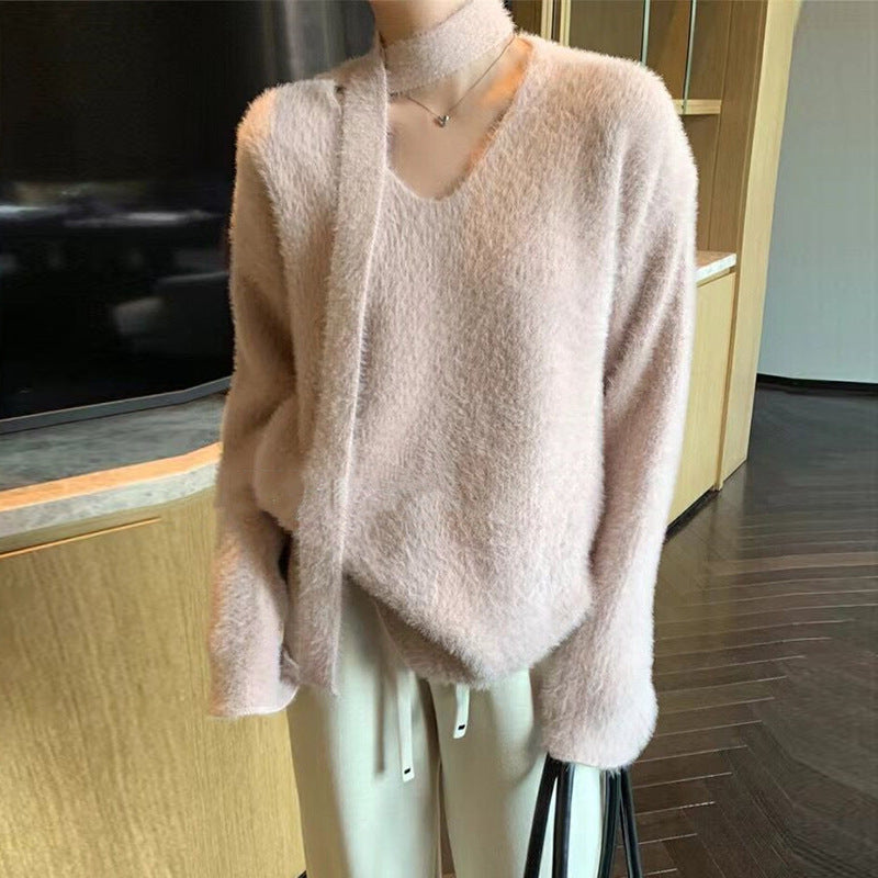 Damen Grobstrickpullover mit tiefem V-Ausschnitt und schicker Banddetails R&B