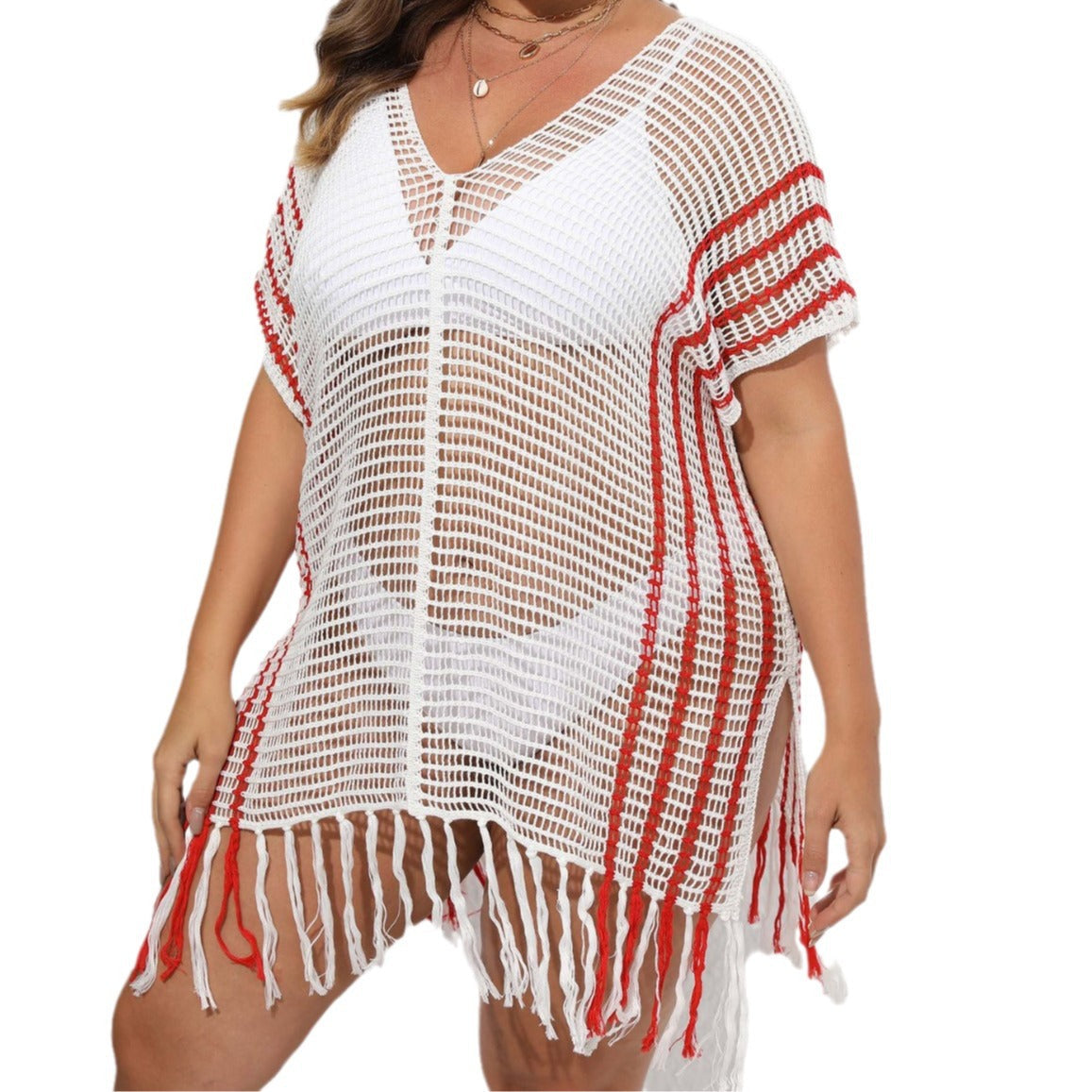 Damen luftiger Häkel-Strandüberwurf mit fransigem Saum R&B