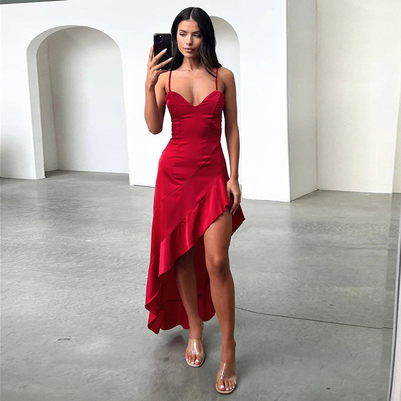Damen Elegantes Abendkleid mit tiefem V-Ausschnitt und fließendem Rock R&B