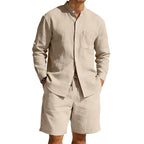 Herren nan sommerliches Leinen-Set mit Stehkragenhemd und Kordelzug-Kurzhose R&B