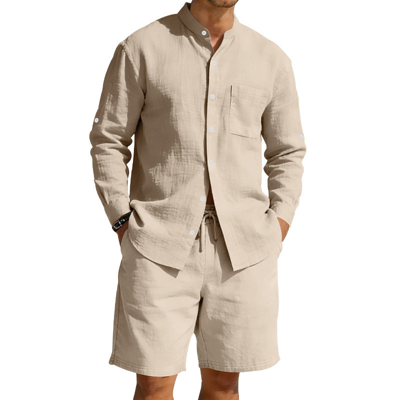 Herren nan sommerliches Leinen-Set mit Stehkragenhemd und Kordelzug-Kurzhose R&B