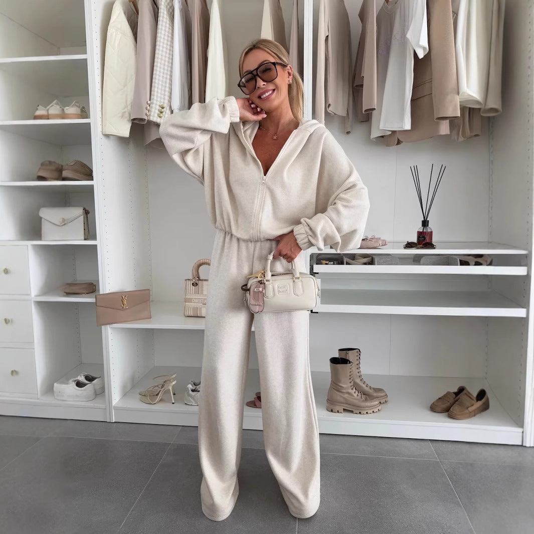 Damen Loungewear-Anzug aus weichem Fleece mit Kapuze und weitem Schnitt R&B